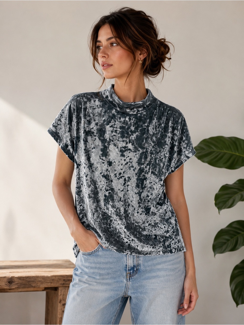 a new day Crushed Velvet Short Sleeve Top in Charcoal Size XL